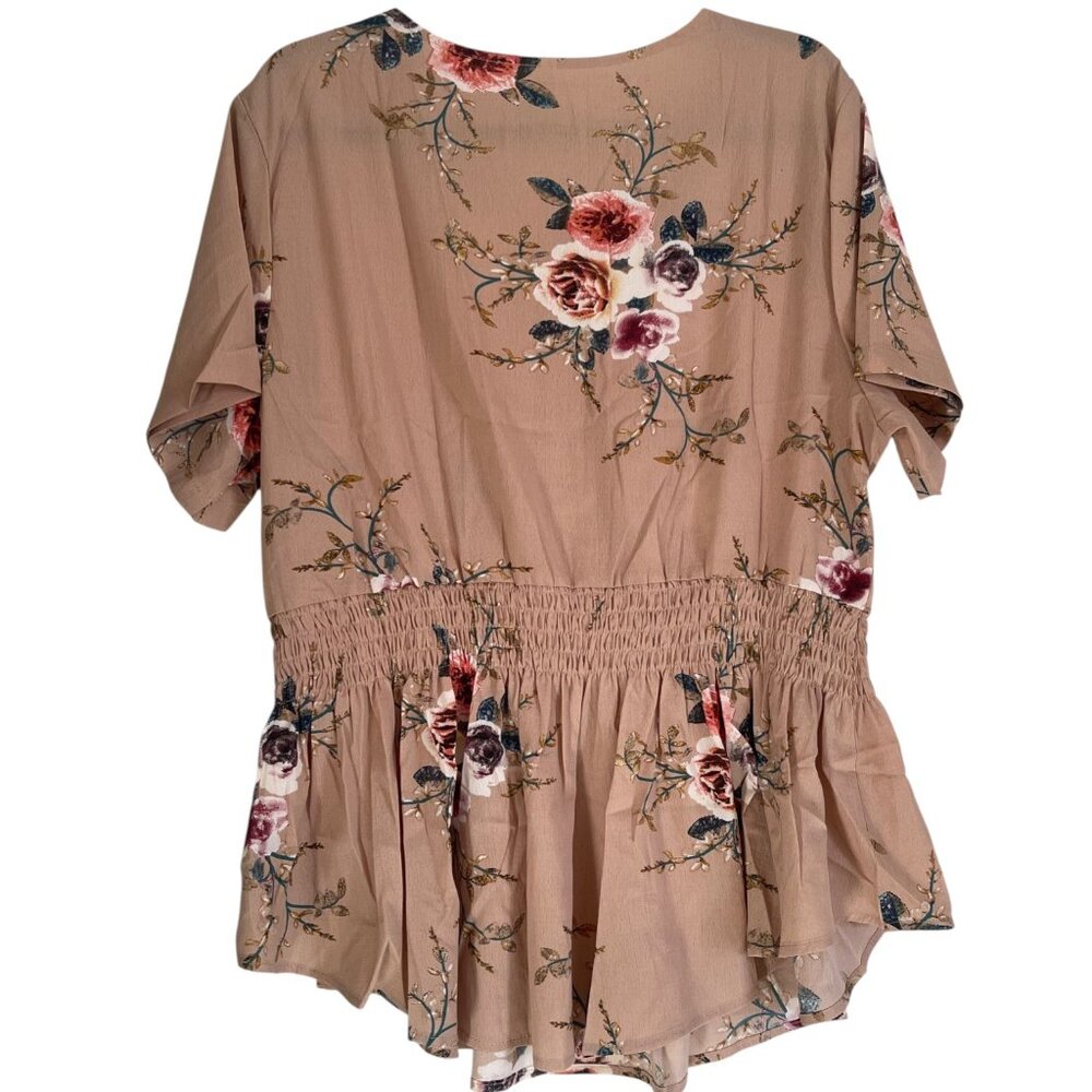 Floral Smocked Peplum Blouse Beige Boho Top Plus Size 2XL New - Picture 4 of 6